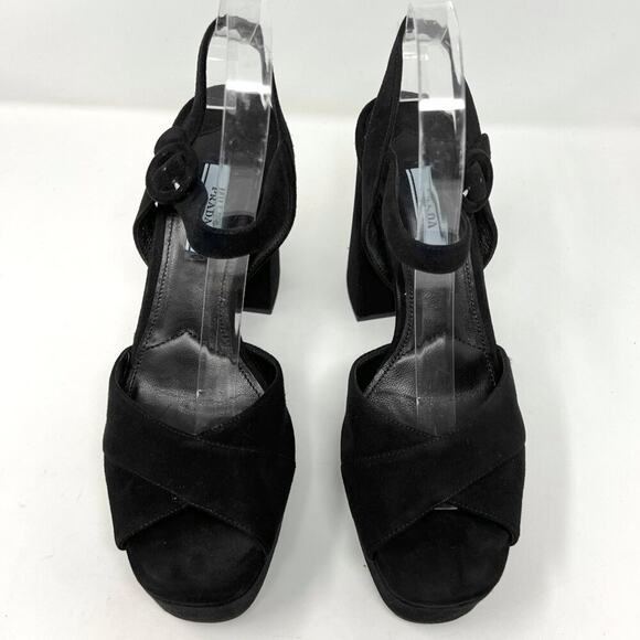 Prada Black Suede Platform Peep Toe Sandals Block Heel Size 38.5 - Picture 2 of 10